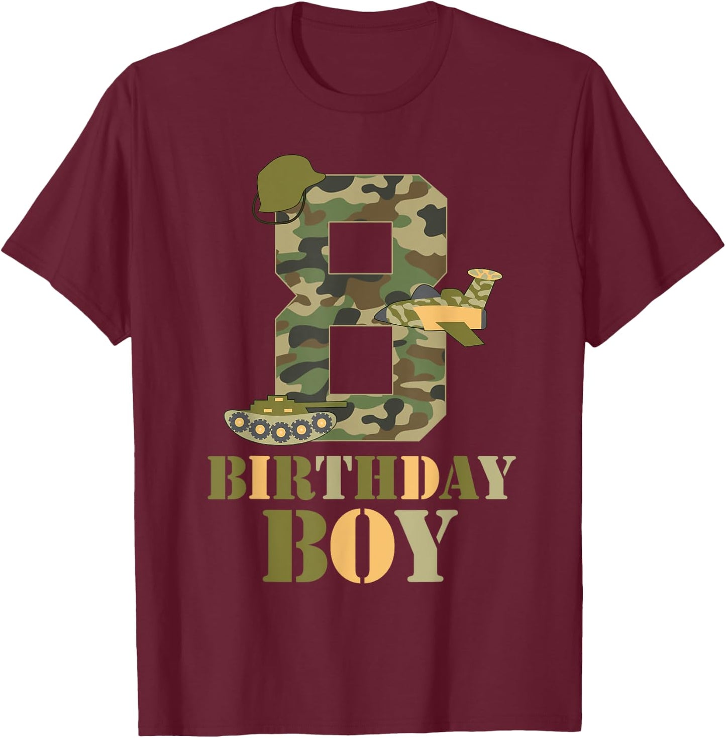 8th Birthday Military Themed Camo Boys 8 Years Old Soldier T-Shirt - T-Shirt | Maroon