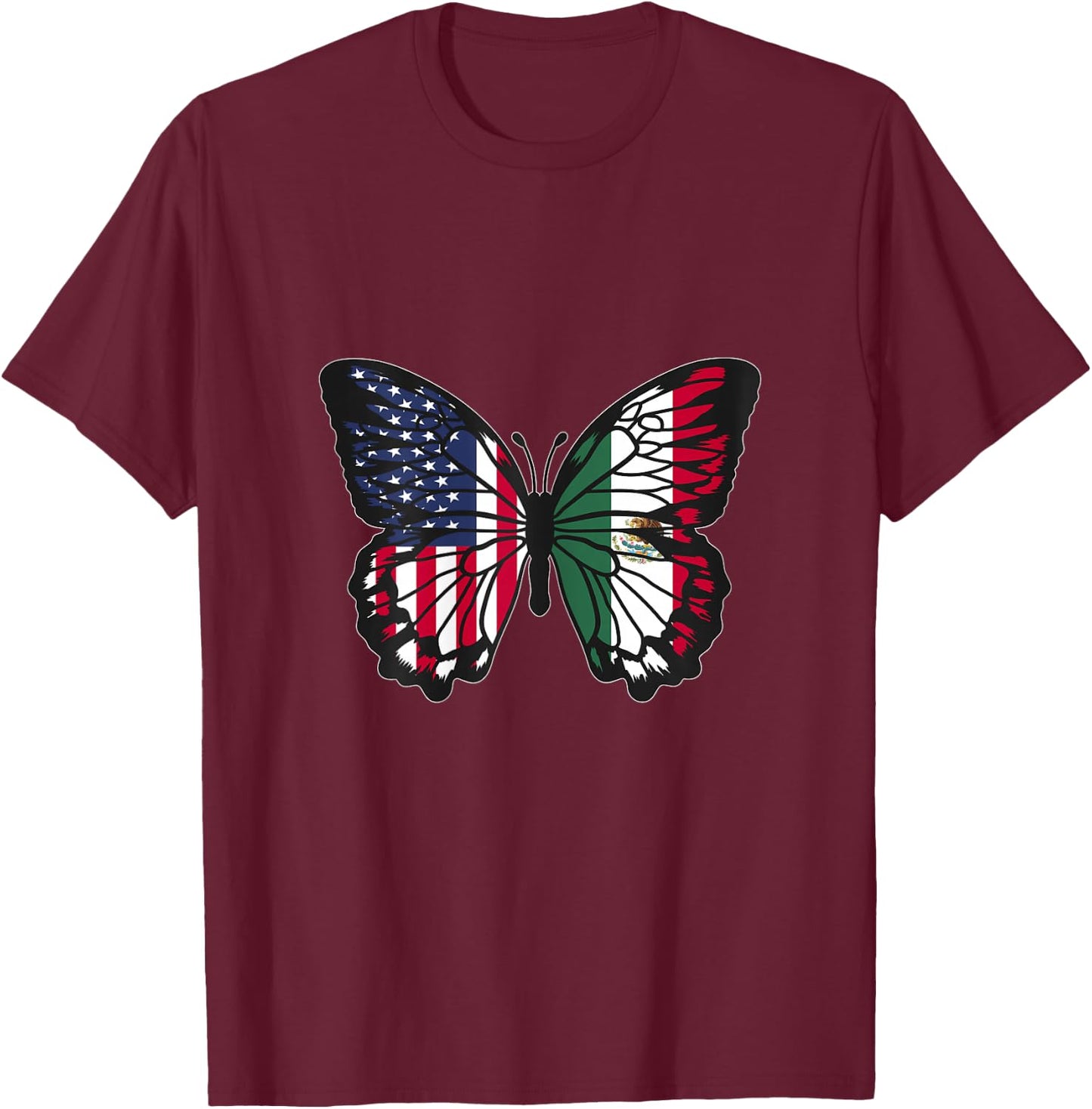 Mexican Roots USA and Mexico Mix Butterfly Mexican Heritage T-Shirt - T-Shirt | Maroon