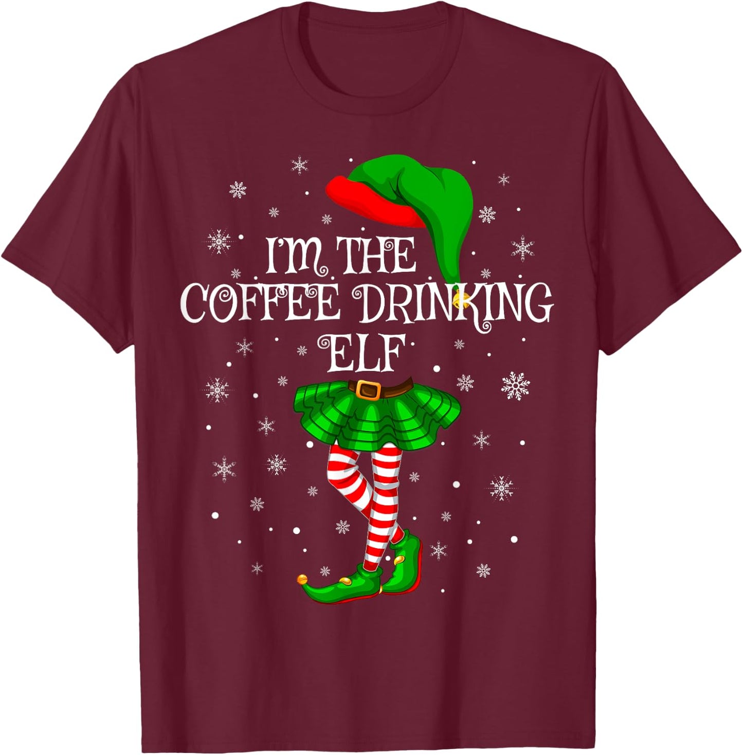Family Matching Women Girls Coffee Drinking Elf Christmas T-Shirt - T-Shirt | Maroon