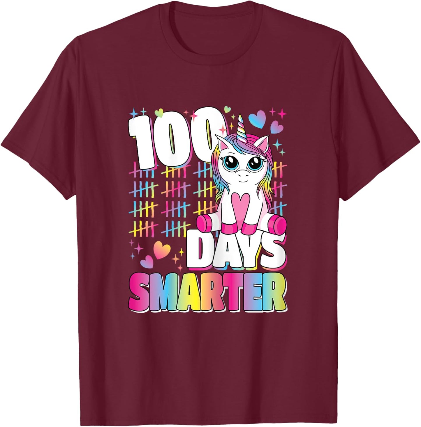 100 Days Smarter Unicorn Rainbow 100th Day Of School Girls T-Shirt - T-Shirt | Maroon