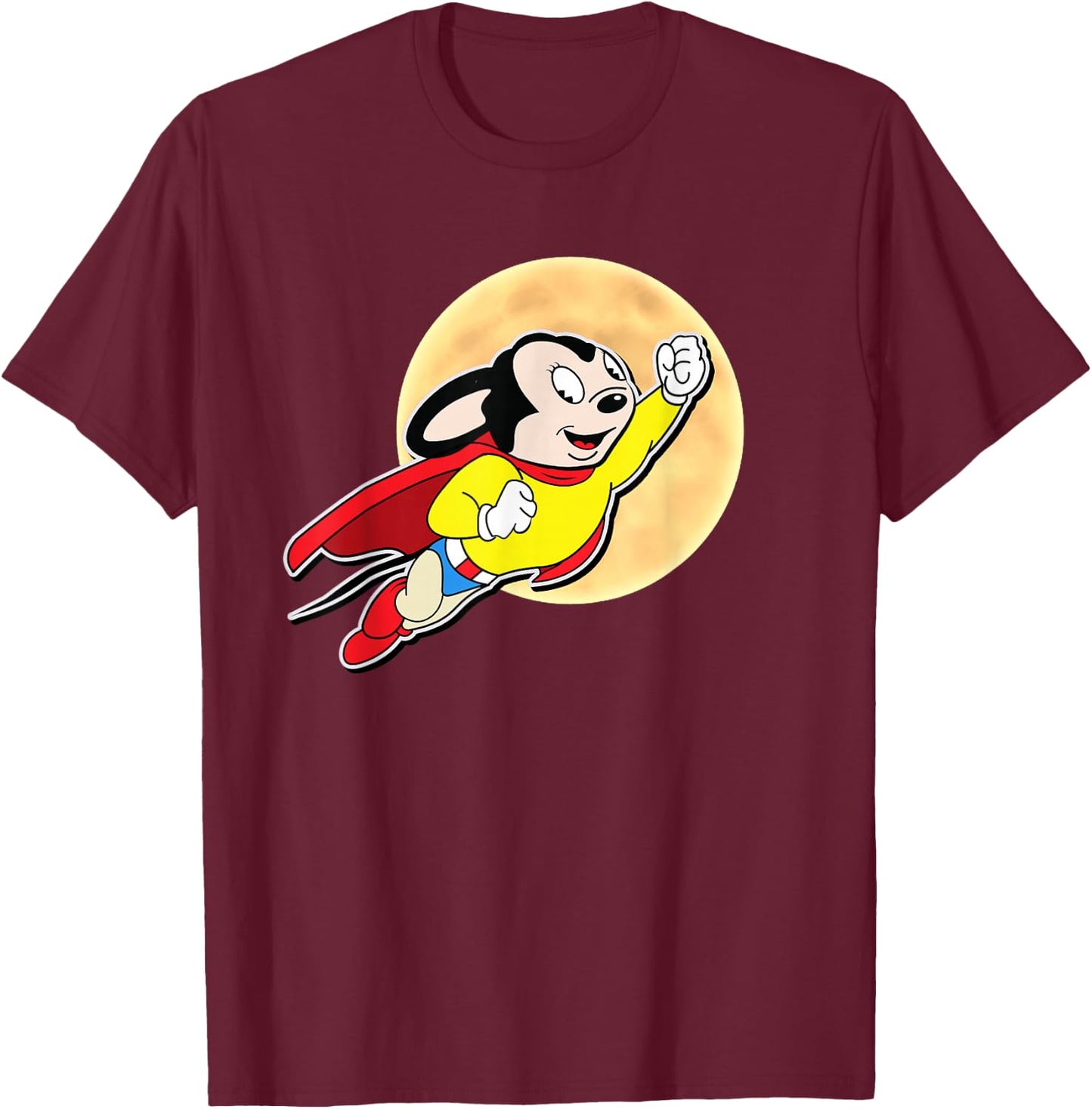 Superhero Cartoon Mouse for Mighty Humans Flies Past Moon T-Shirt - T-Shirt | Maroon