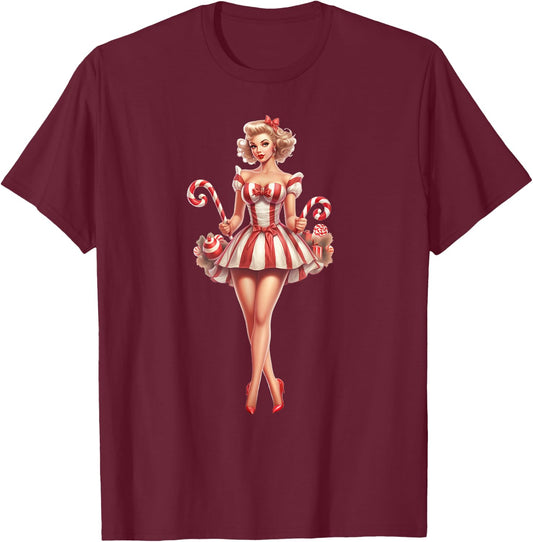 Christmas Pinup Girl With Christmas Candy T-Shirt - T-Shirt | Maroon