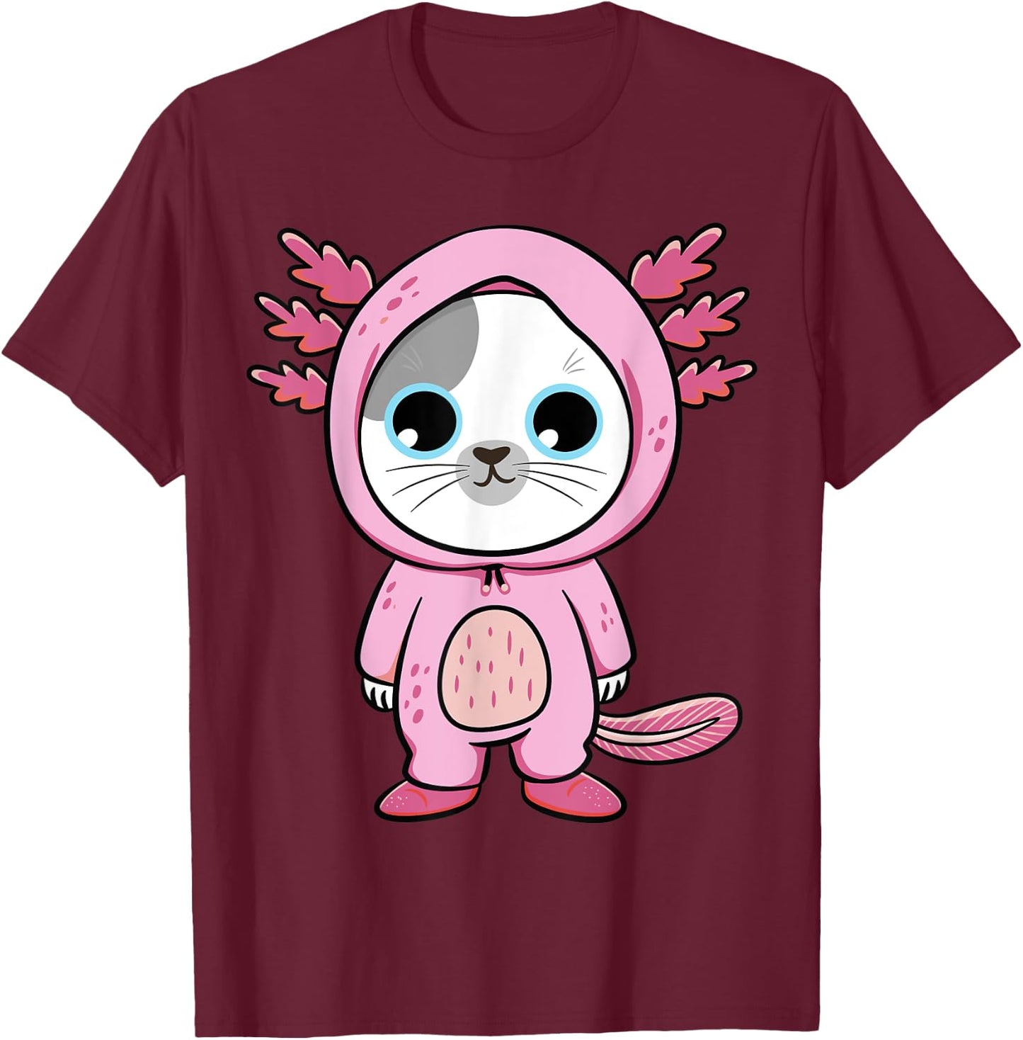 Kawaii Axolotl Cute Pink Cat Axolotl Fun Art For Boys & Girl T-Shirt - T-Shirt | Maroon
