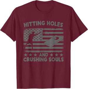Hitting Cornholes and Crushing Souls Funny Cornhole Team T-Shirt - T-Shirt | Maroon