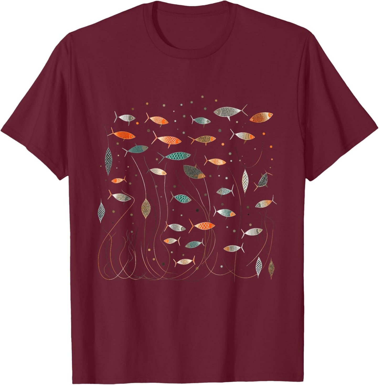 Retro School of Fish - Abstract Boho Mid Century Modern T-Shirt - T-Shirt | Maroon