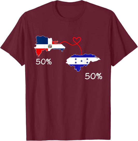 Half Dominican Half Honduran Flag Map Love Honduras RD Pride T-Shirt - T-Shirt | Maroon