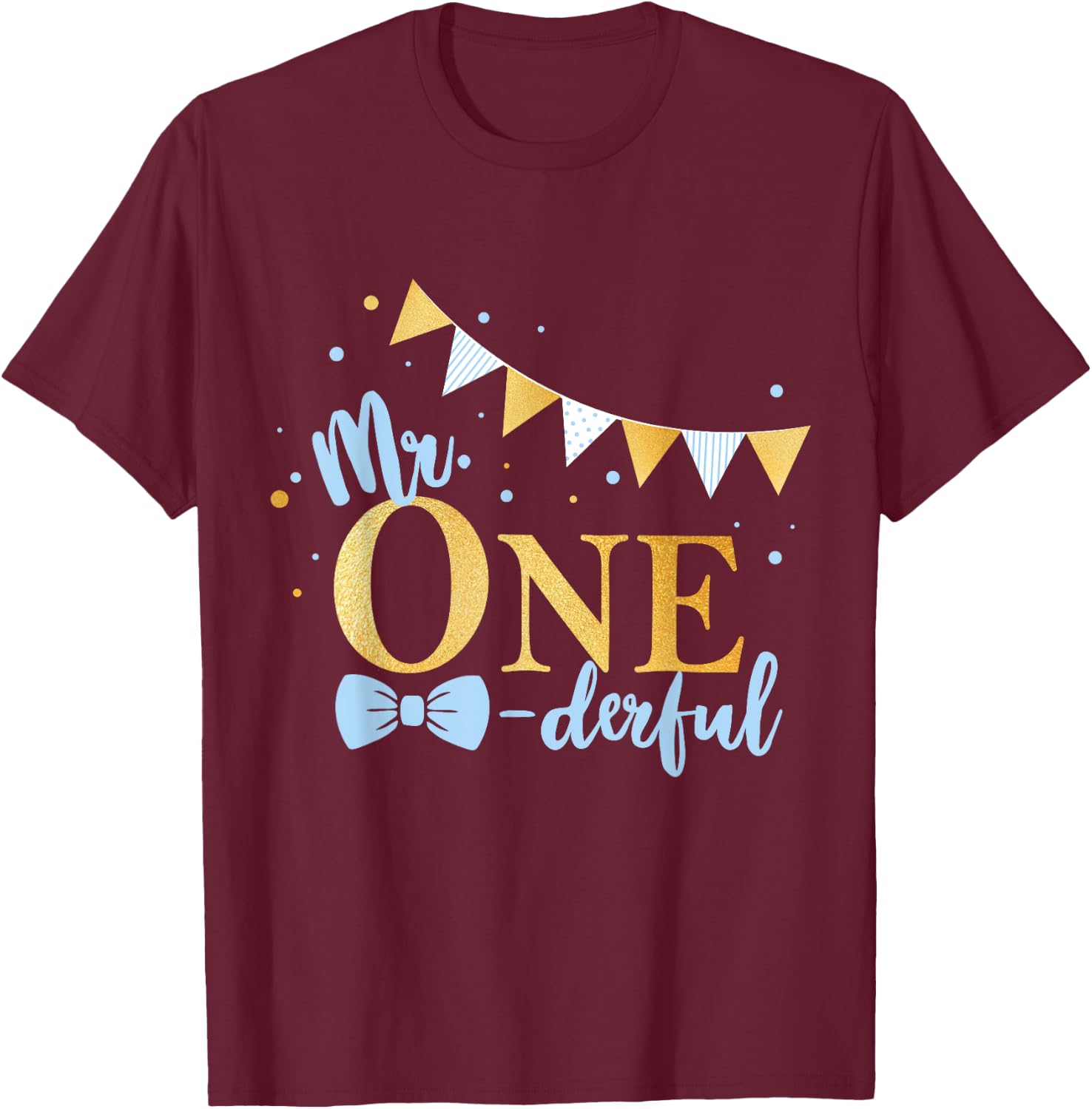 1st Birthday Blue-Gold Little Men Mr One-derful Party Kid T-Shirt - T-Shirt | Maroon