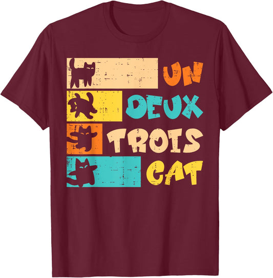 Un Deux Trois Cat French Retro Men Women Boys Kid Teen Youth T-Shirt - T-Shirt | Maroon