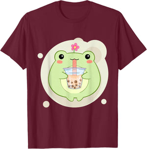 Cute Kawaii Frog Drinks Boba Bubble Tea Kawaii Aesthetic T-Shirt - T-Shirt | Maroon
