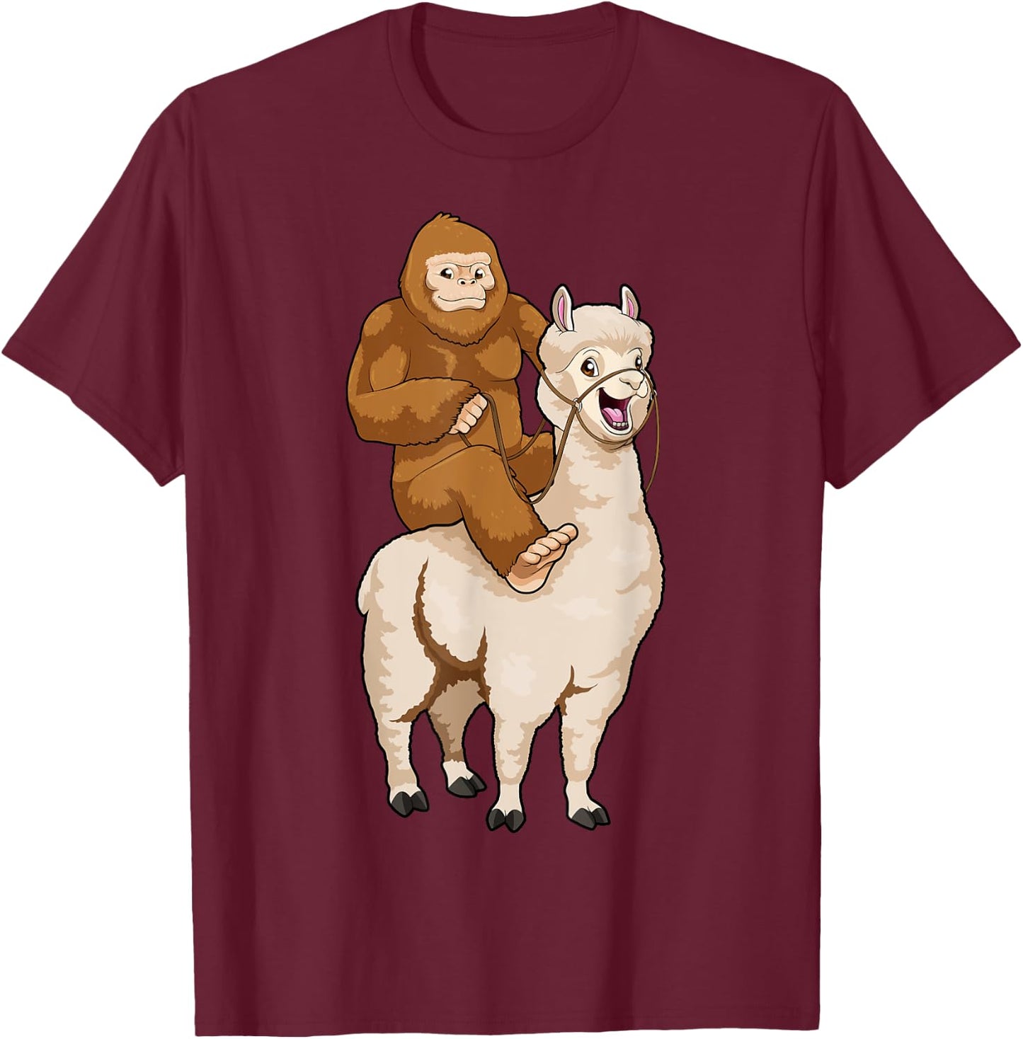 Bigfoot Riding Llama Sasquatch Cryptozoology Cryptid Farmer T-Shirt - T-Shirt | Maroon