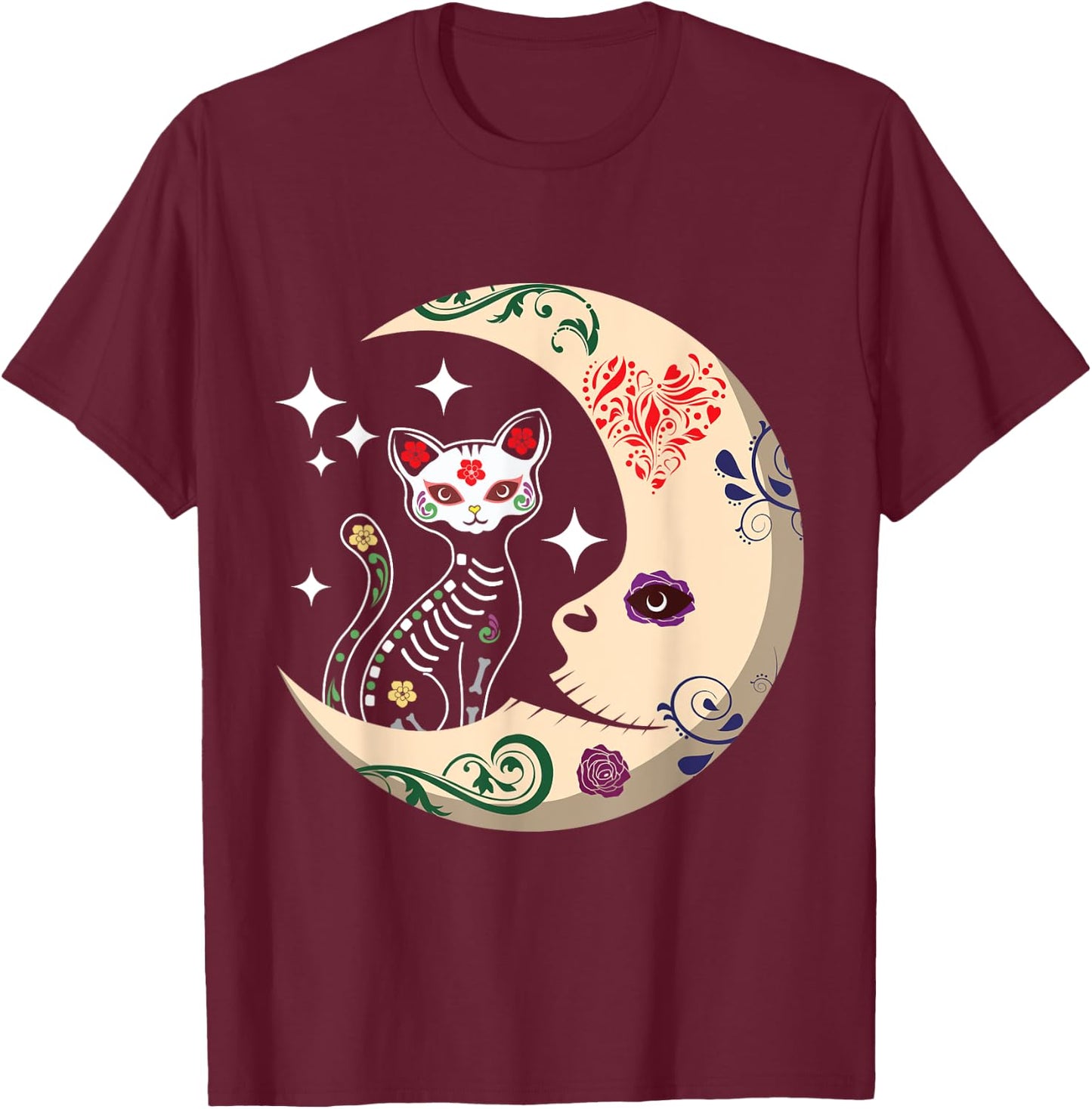 Souls Day Los Muertos Day Of Dead Sugar Cat Moon Floral T-Shirt - T-Shirt | Maroon