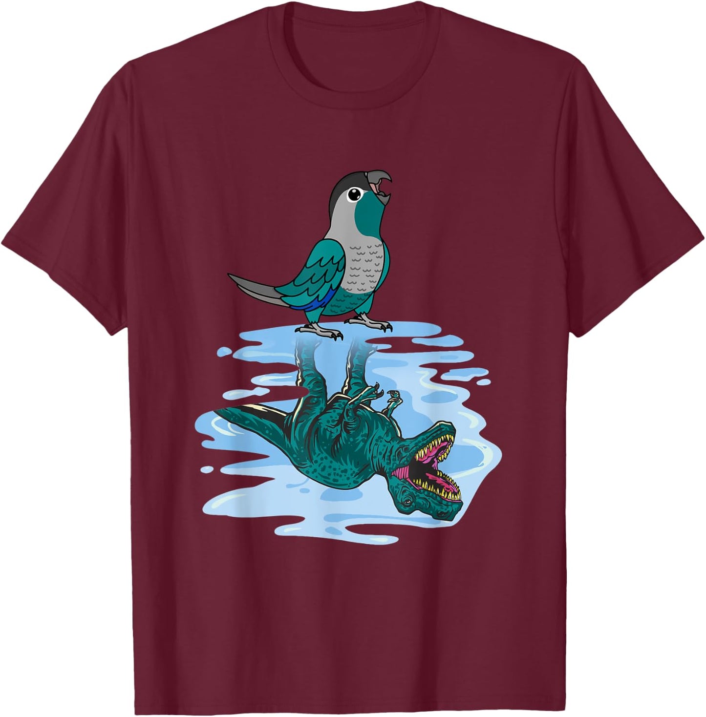 Parrot & T Rex Reflection I Turquoise Green Cheek Conure T-Shirt - T-Shirt | Maroon