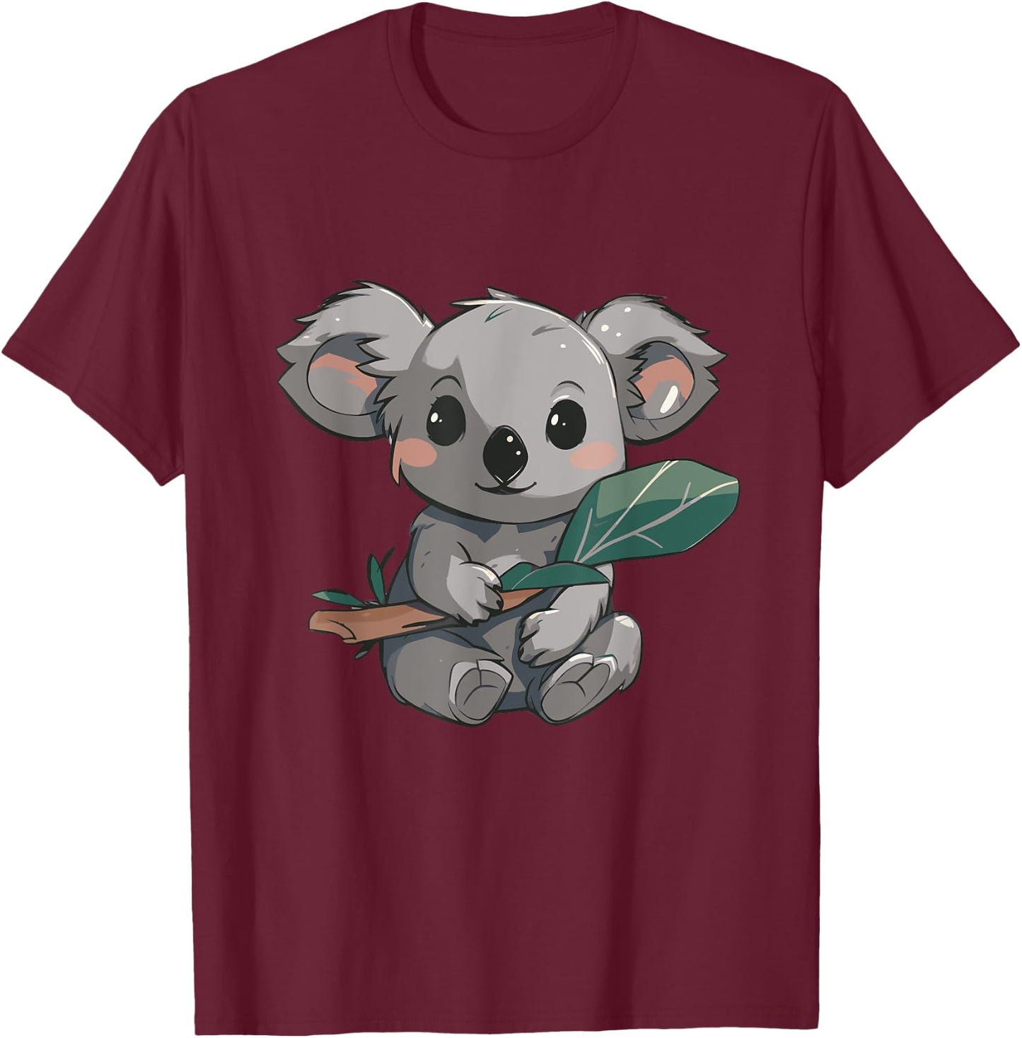Cute Kawaii Koala Holding Eucalyptus Leaf Japanese Anime T-Shirt - T-Shirt | Maroon