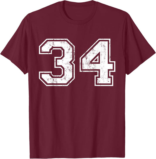Number 34 Distressed Vintage Thirty Four Sport Team Practice T-Shirt - T-Shirt | Maroon
