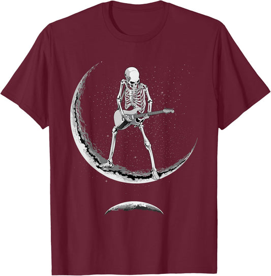 Rock On Skeleton Moon Shirt - Funny Halloween Rock And Roll T-Shirt - T-Shirt | Maroon