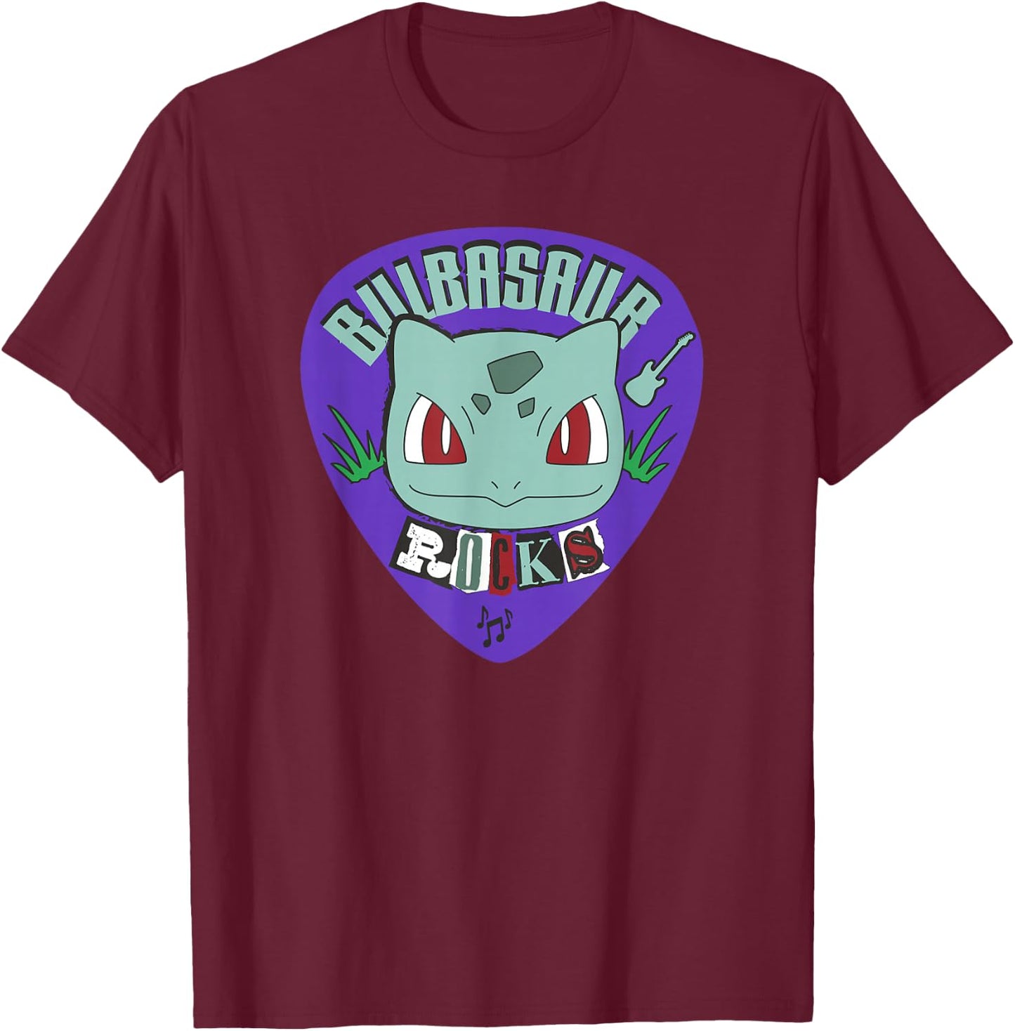 Pokémon Bulbasaur Rocks Punk Guitar Pick T-Shirt - T-Shirt | Maroon