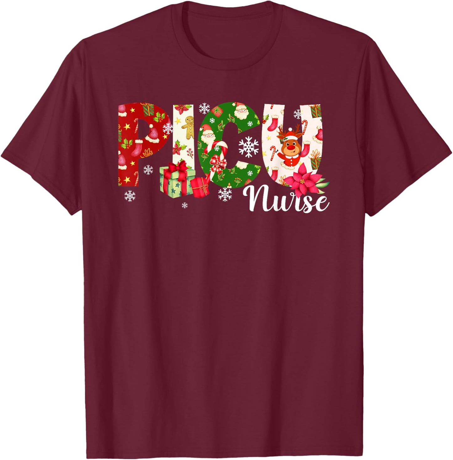 Christmas PICU Nurse Pediatric Intensive Care Unit Xmas T-Shirt - T-Shirt | Maroon