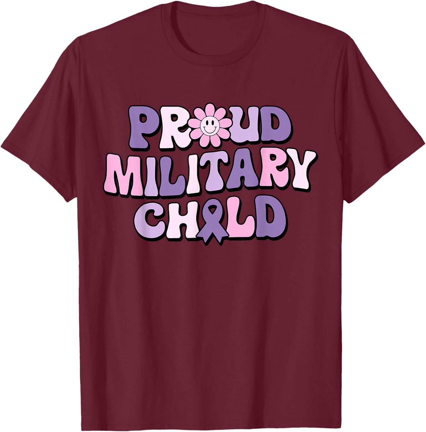 Proud Military Child Groovy Purple Up for Military Kids T-Shirt - T-Shirt | Maroon