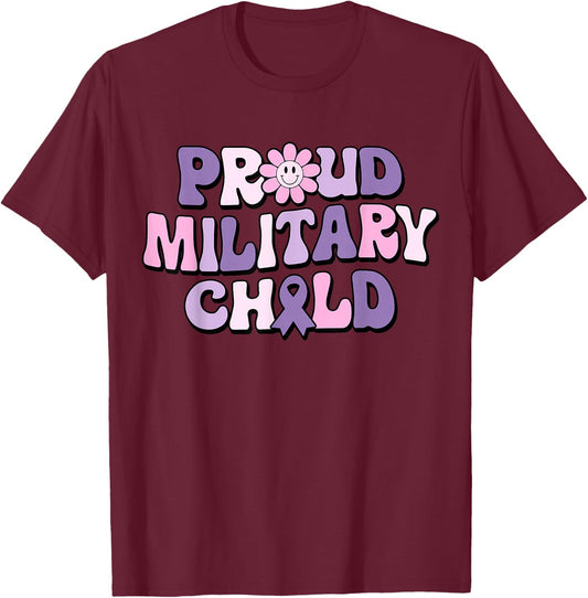 Proud Military Child Groovy Purple Up for Military Kids T-Shirt - T-Shirt | Maroon