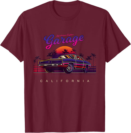 Vintage American Custom Garage, California Cars Graphic T-Shirt - T-Shirt | Maroon