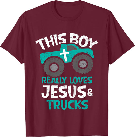 Kids I love Jesus and trucks T-Shirt - T-Shirt | Maroon