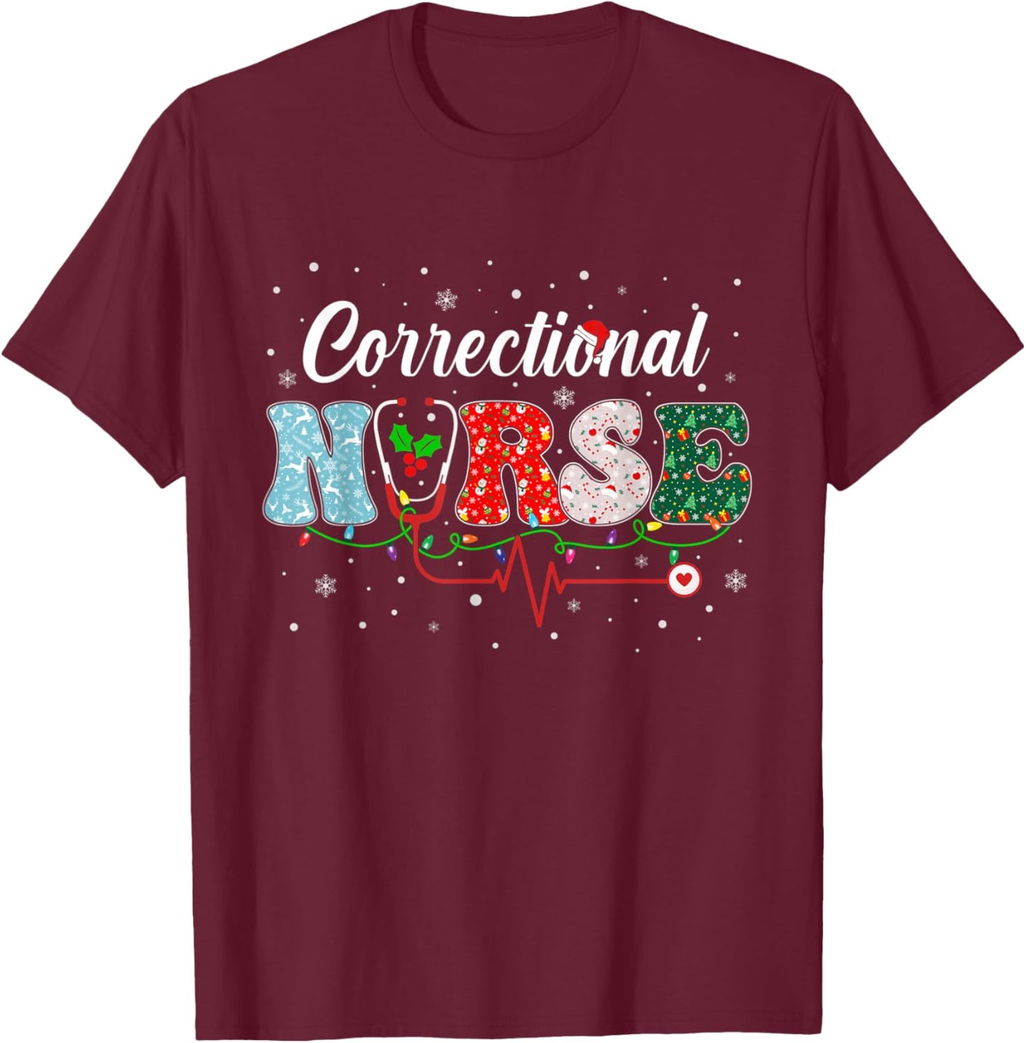 Correctional Nurse Xmas Santa Hat Nursing Christmas Pattern T-Shirt - T-Shirt | Maroon