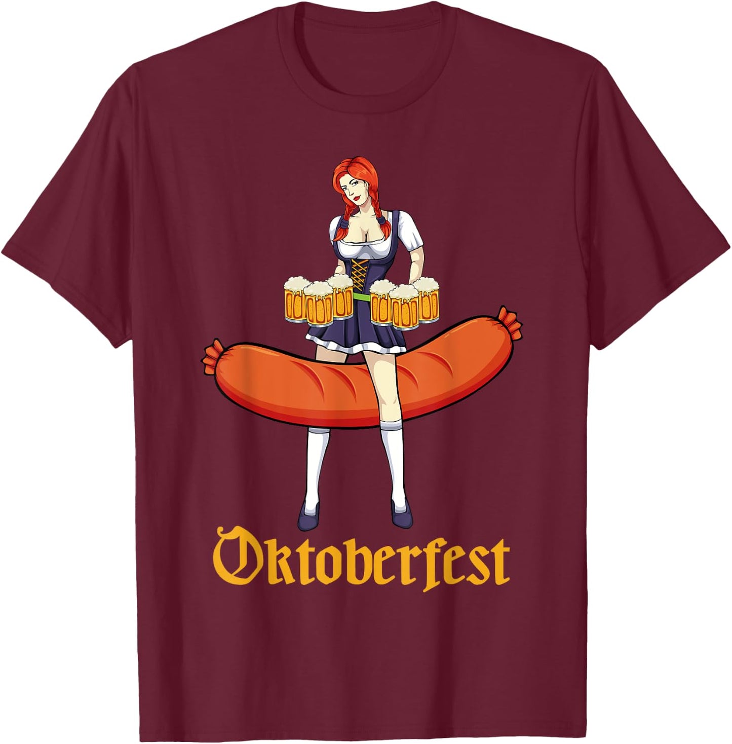 Barmaid Oktoberfest Cute German Woman Dirndl Bratwurst Beer T-Shirt - T-Shirt | Maroon