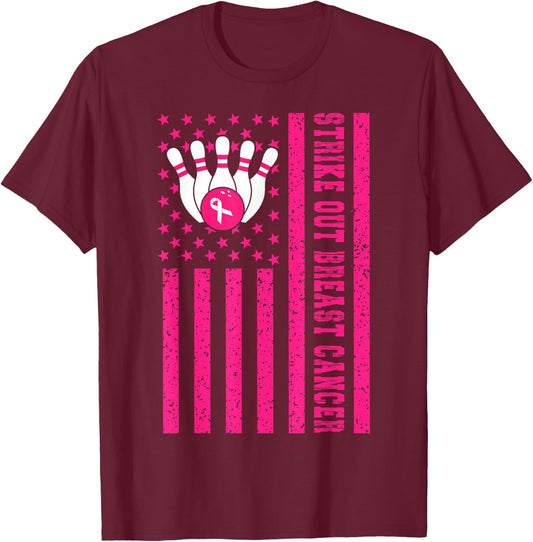 Strike Out Bowling Ribbon USA Flag Breast Cancer Awareness T-Shirt - T-Shirt | Maroon