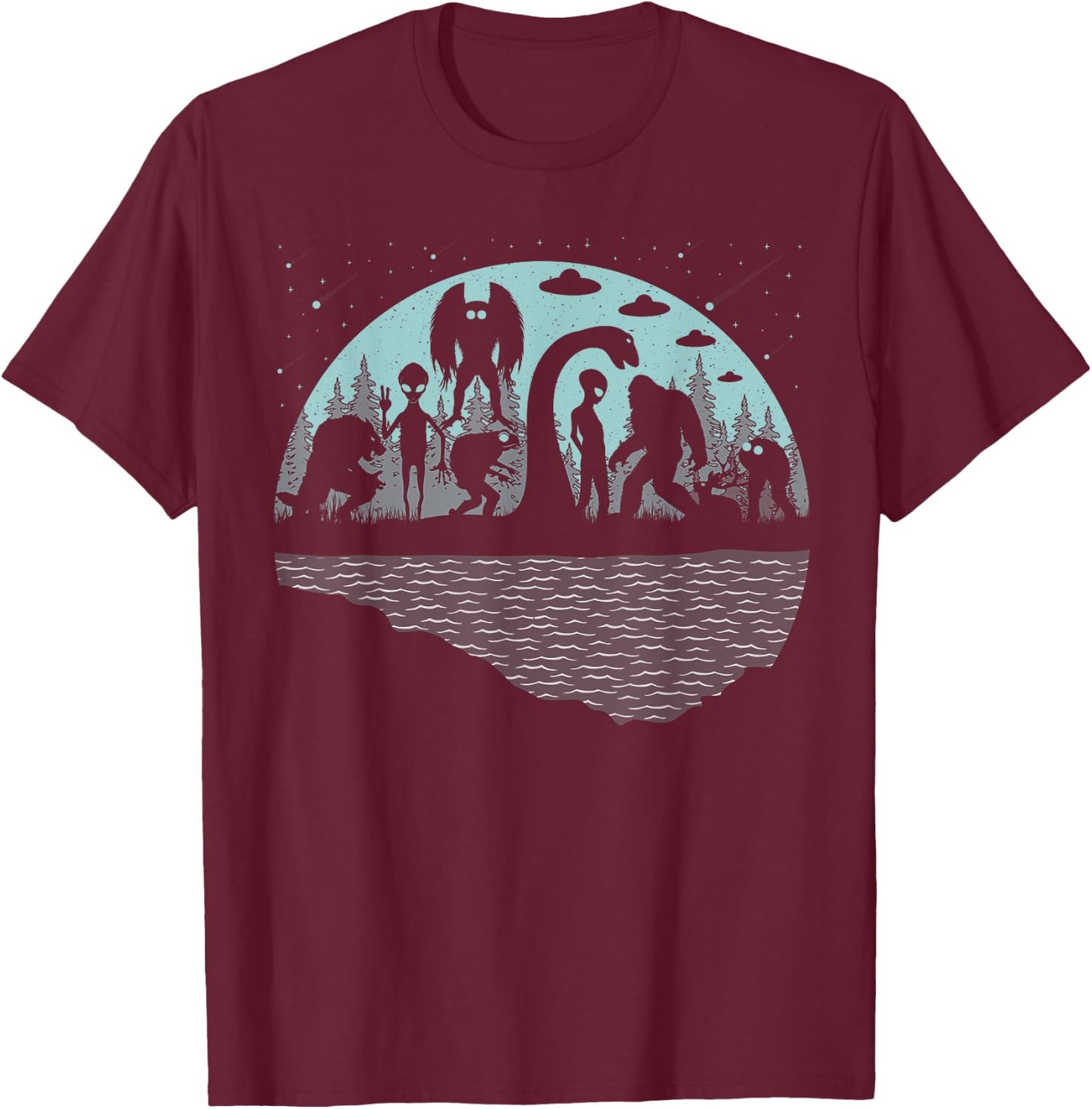 Bigfoot Loch Ness Monster Mothman And Aliens! Funny Cryptid T-Shirt - T-Shirt | Maroon