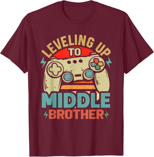 Leveling Up To Middle Brother Funny Gamer Gaming T-Shirt - T-Shirt | Maroon
