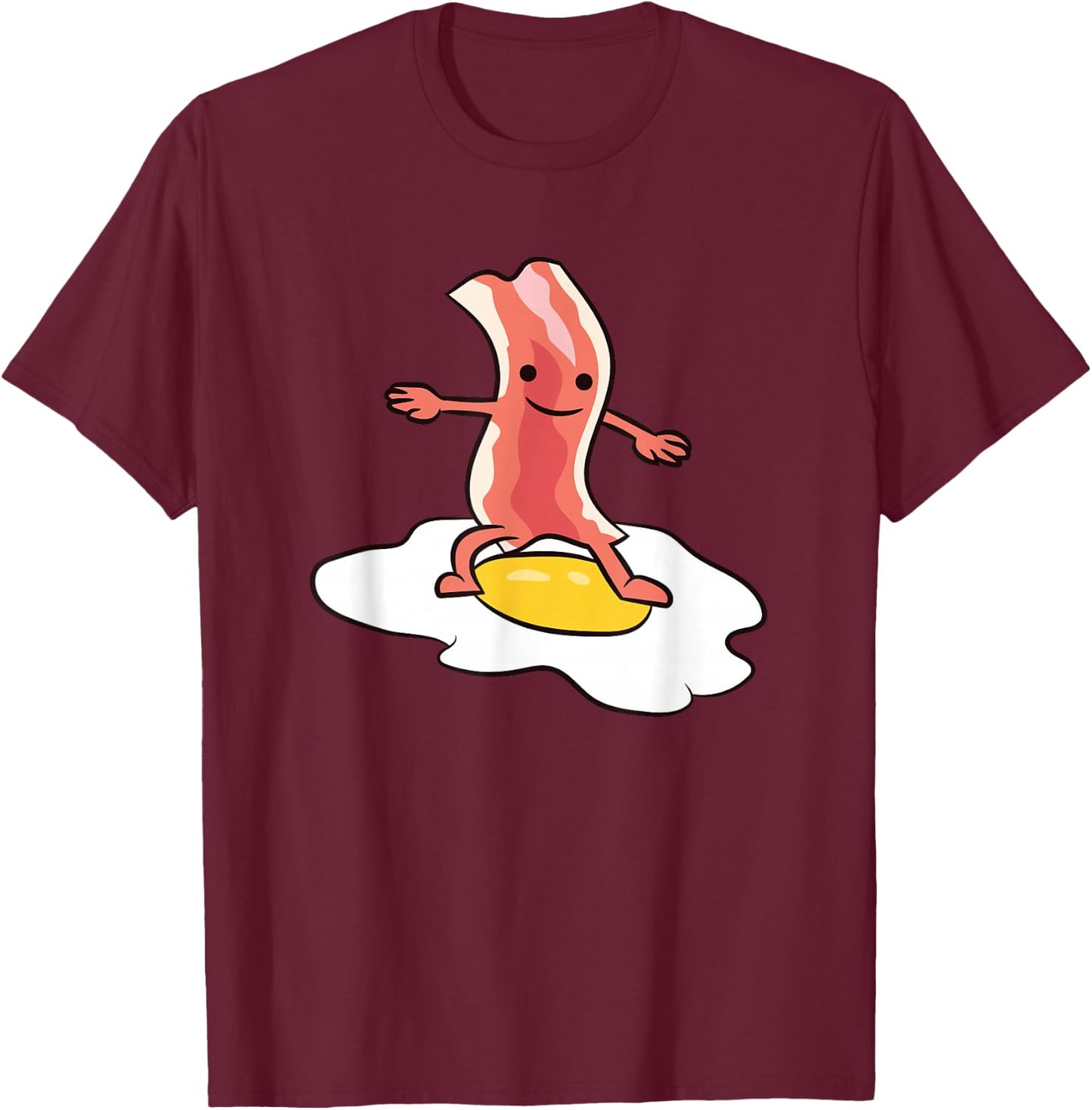Kawaii Bacon Surfing On Fried Egg Breakfast Egg and Bacon T-Shirt - T-Shirt | Maroon