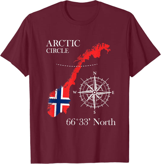 Norway Scandinavia Hiking Camper Fishing Norge - Arctic Circle Polar North Norwegian Flag - -Adults - Black - Small - Short Sleeve - Classic Fit - Cotton, Polyester T-Shirt - T-Shirt | Maroon