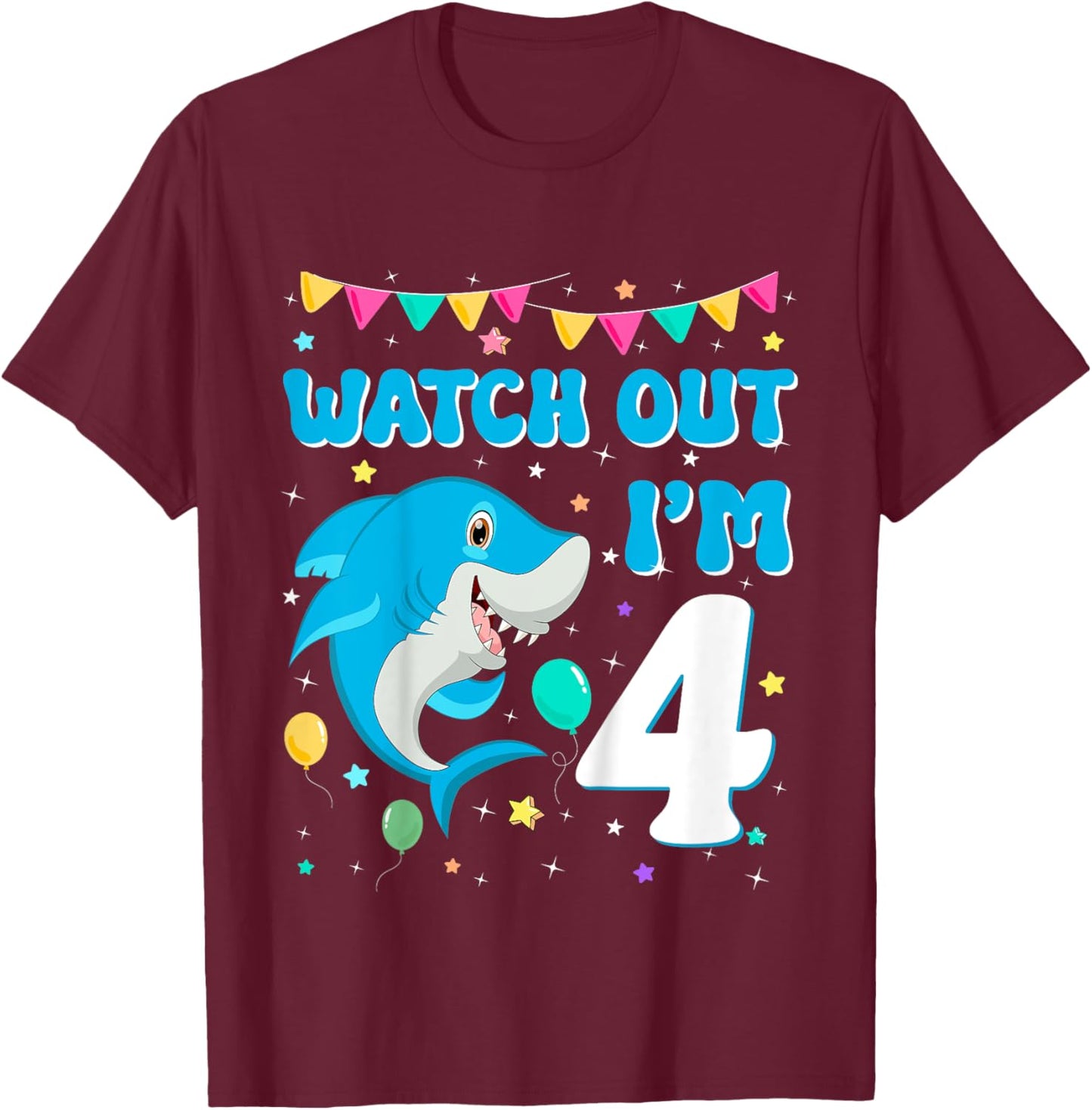 Kids Watch Out Shark I'm 4 Years Old Birthday Boy Back to School T-Shirt - T-Shirt | Maroon