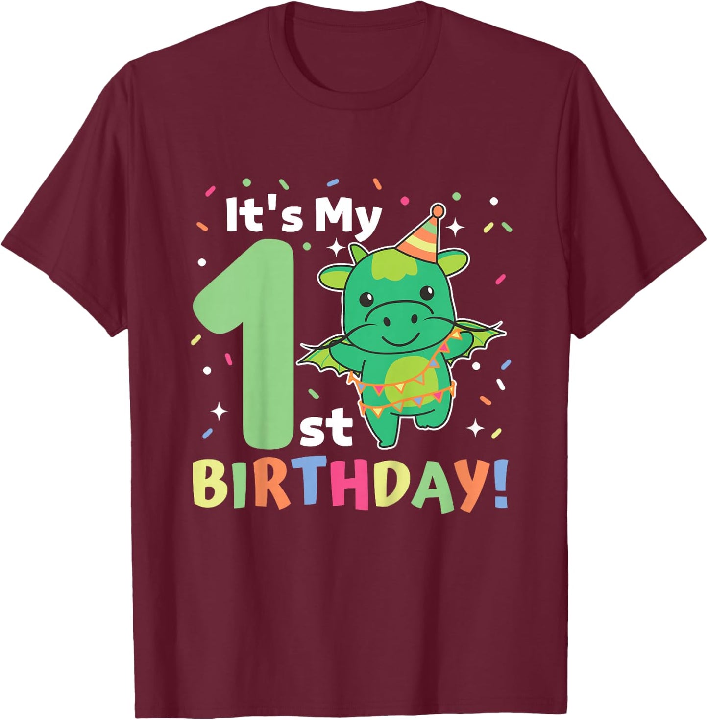 Kids 1st Birthday Dragon For Kids One Year Old Dragon T-Shirt - T-Shirt | Maroon