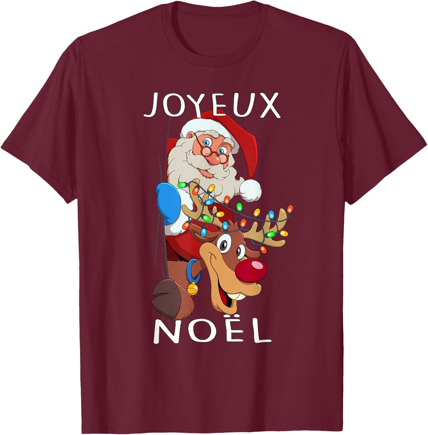 Santa Claus Reindeer Joyeux Noël Men Women Family T-Shirt - T-Shirt | Maroon