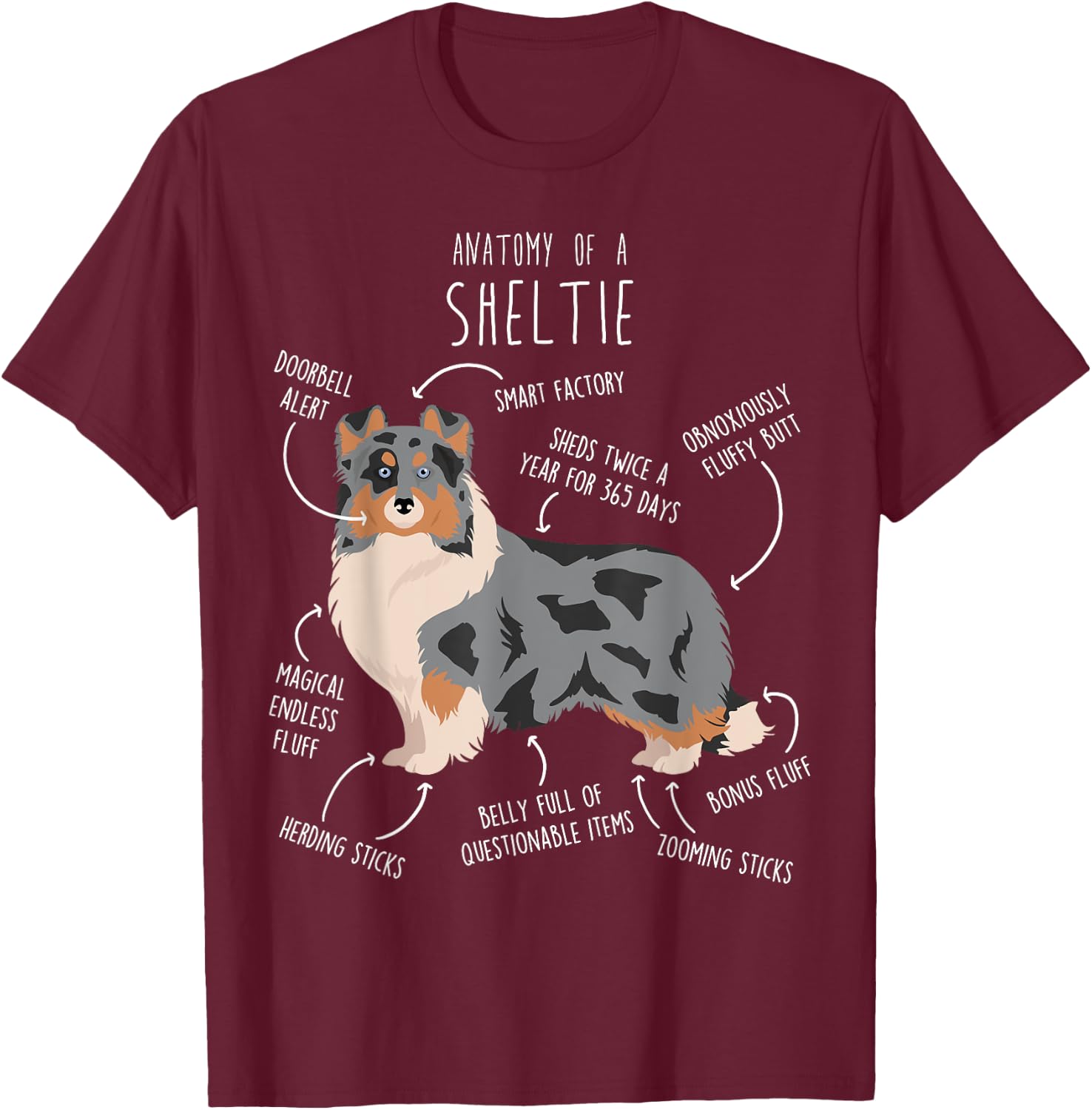 Blue Merle Sheltie Shetland Sheepdog Anatomy, Funny Cute Dog T-Shirt - T-Shirt | Maroon