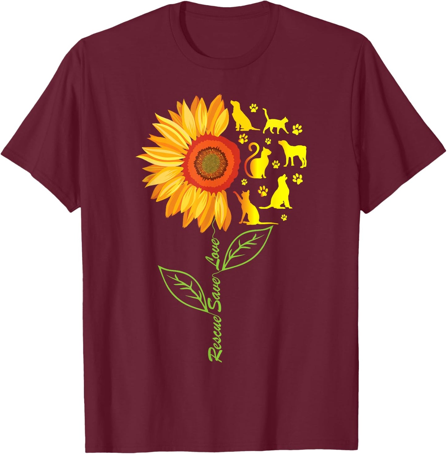 RESCUE SAVE LOVE PET Animal Shelter Sunflower Gift T Shirt T-Shirt - T-Shirt | Maroon