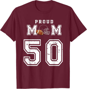 Custom Proud Football Mom Number 50 Personalized T-Shirt - T-Shirt | Maroon