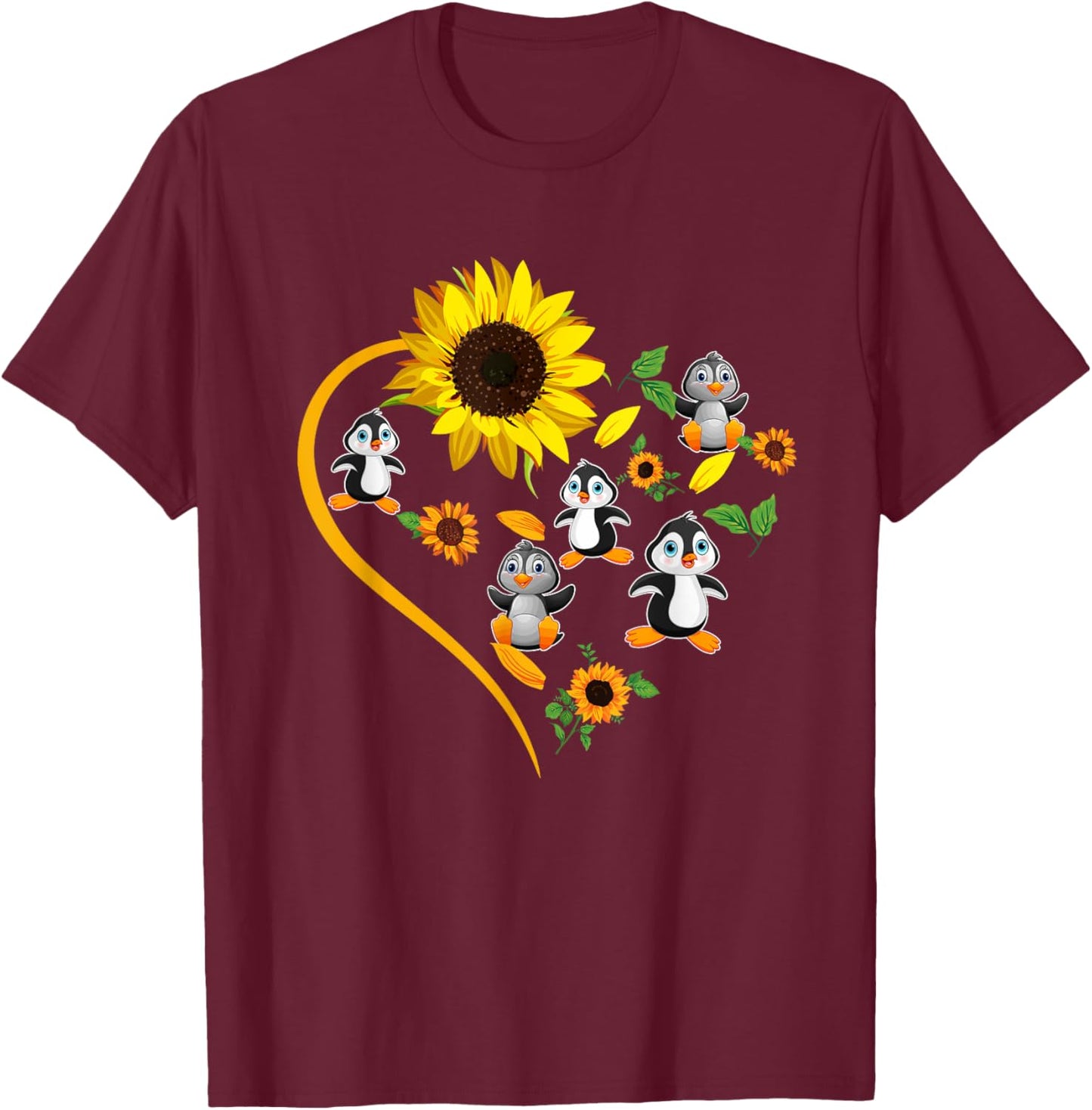 Sunflowers Penguins Cute Heart Shape Matching Bird Lover T-Shirt - T-Shirt | Maroon