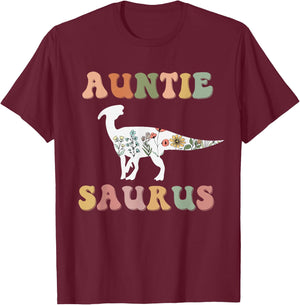 Auntiesaurus Dinosaur Auntie Saurus Family Matching Flower T-Shirt - T-Shirt | Maroon