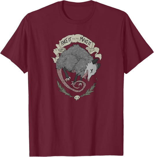 Street Cats Team Trash Racoon Rat Backyard Animal Opossum I Funny Dead Possum Fake It Till You Make It -Adults Black Short Sleeve T-Shirt - T-Shirt | Maroon