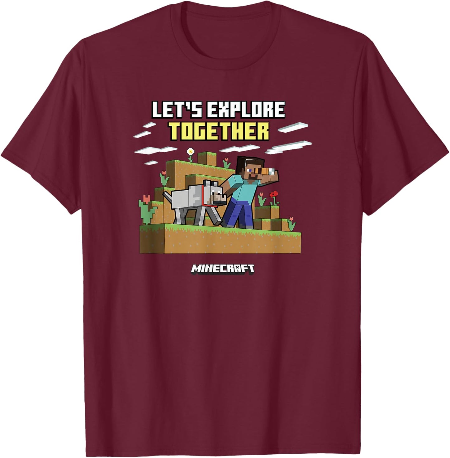 Minecraft Valentine's Day Let's Explore Together Steve Wolf T-Shirt - T-Shirt | Maroon