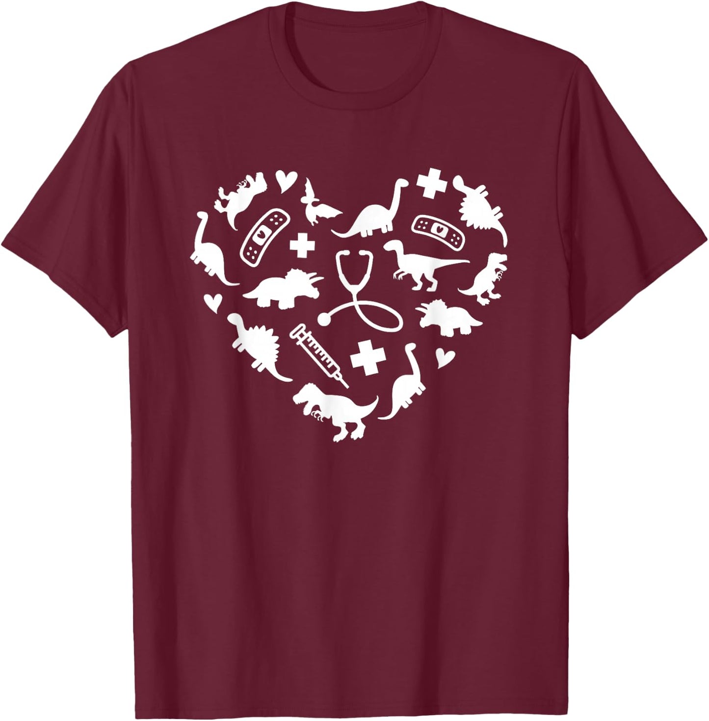 Pediatric Nurse Heart Cute Dinosaur Pediatric Physical Peds T-Shirt - T-Shirt | Maroon