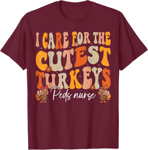 Peds Nurse Thanksgiving Cutest Turkeys Retro Fall Nurse T-Shirt - T-Shirt | Maroon