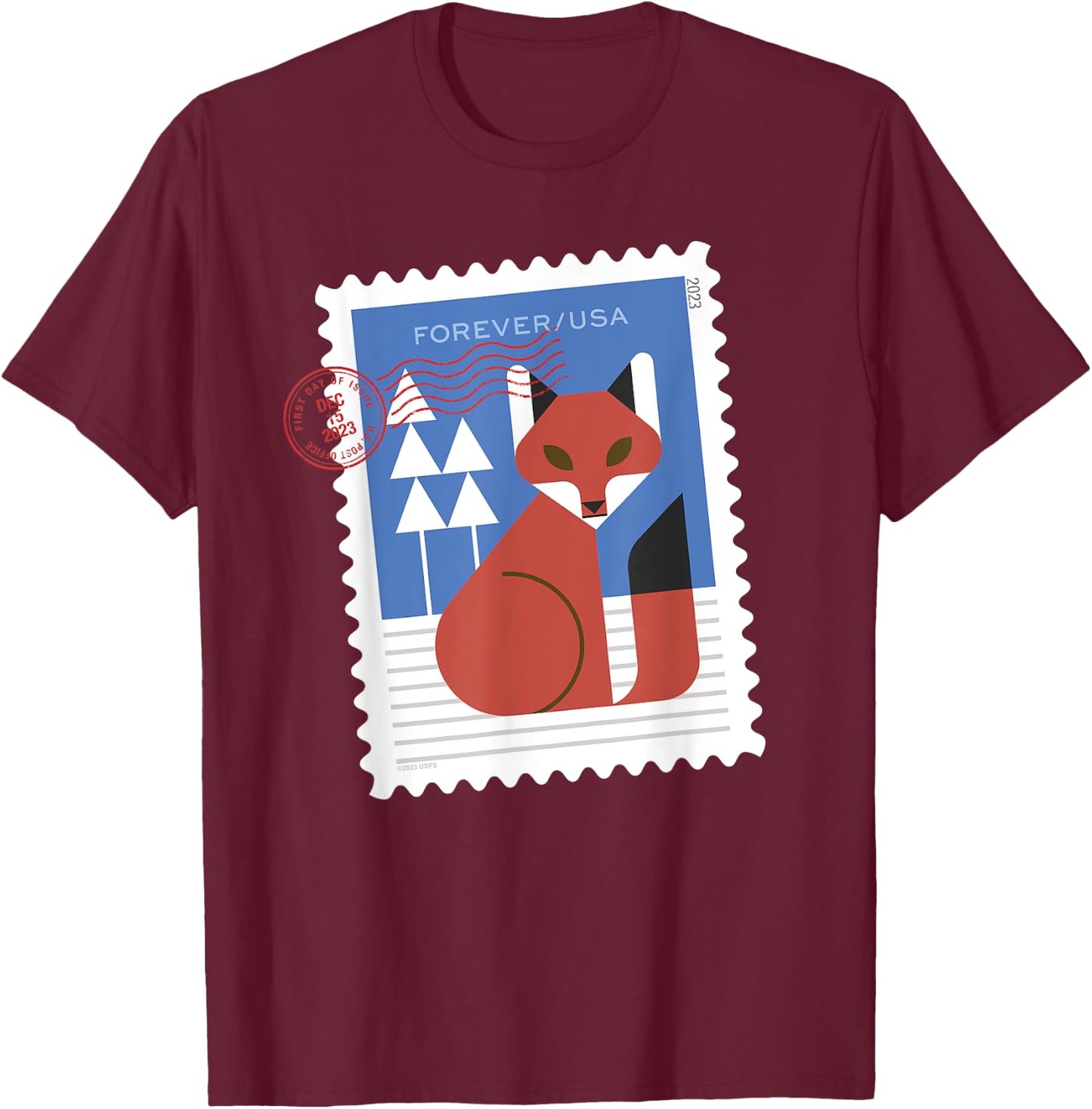 USPS Winter Woodland Animals - Fox Stamp T-Shirt - T-Shirt | Maroon