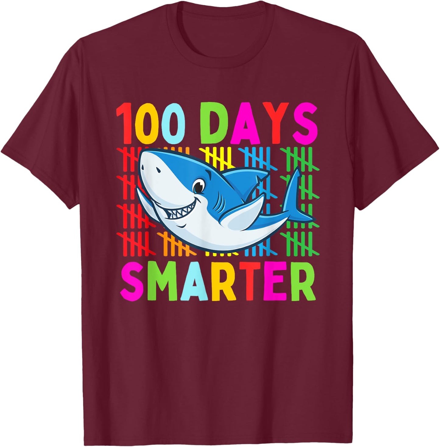 Cute Shark 100th Day Of School 100 Days Smarter Kids Boys T-Shirt - T-Shirt | Maroon