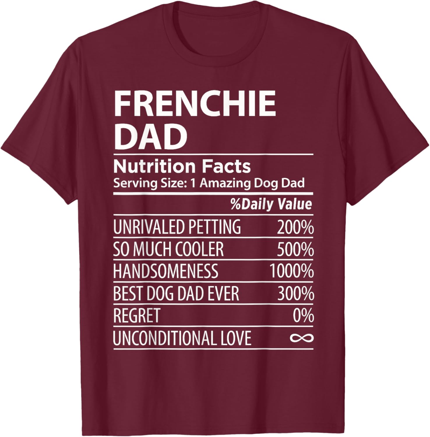 Frenchie Dad Nutrition Facts Funny Frenchie Dog Owner T-Shirt - T-Shirt | Maroon