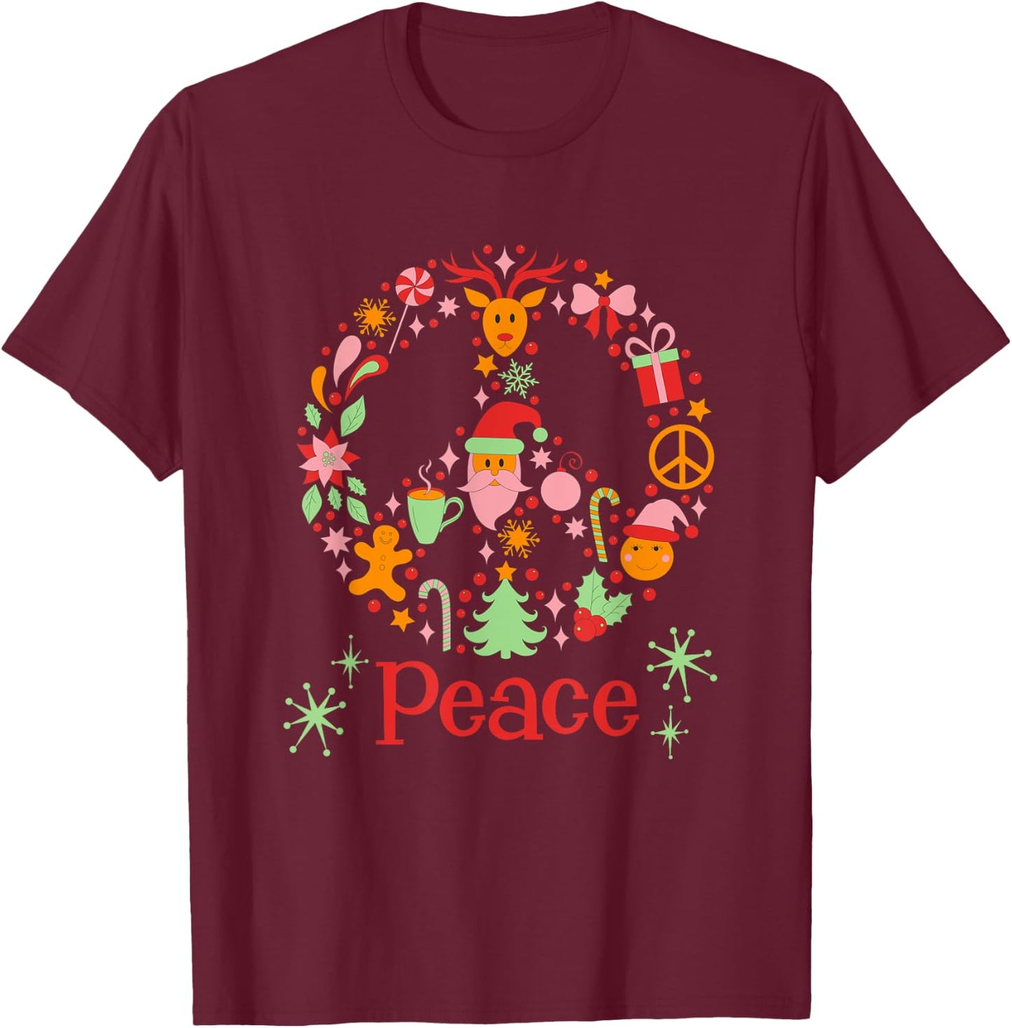 Christmas Peace Sign Retro Vintage Vibes MCM Cute Graphic T-Shirt - T-Shirt | Maroon