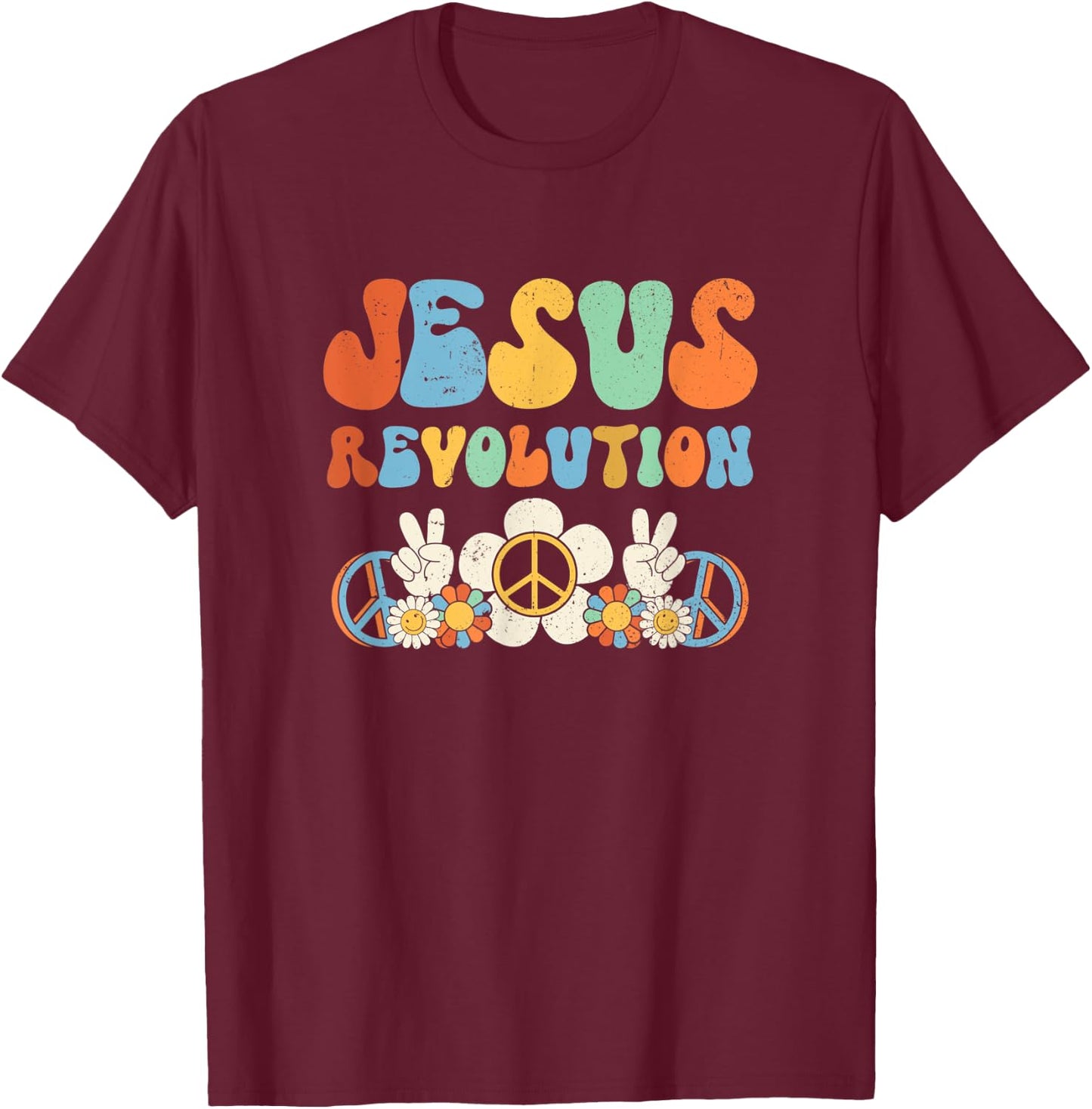 Jesus Revolution Faith Groovy Flower Peace Sign Christian T-Shirt - T-Shirt | Maroon