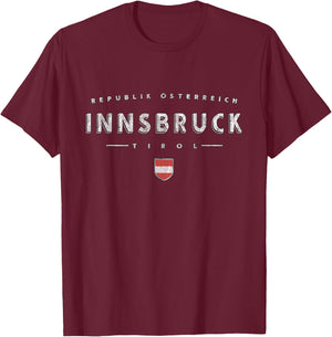 sterreich Design Co. Innsbruck Austria Logo - Women's -Adults & Kids Black Short Sleeve Regular Fit U-Neck Modern Graphic Print - Small T-Shirt - T-Shirt | Maroon